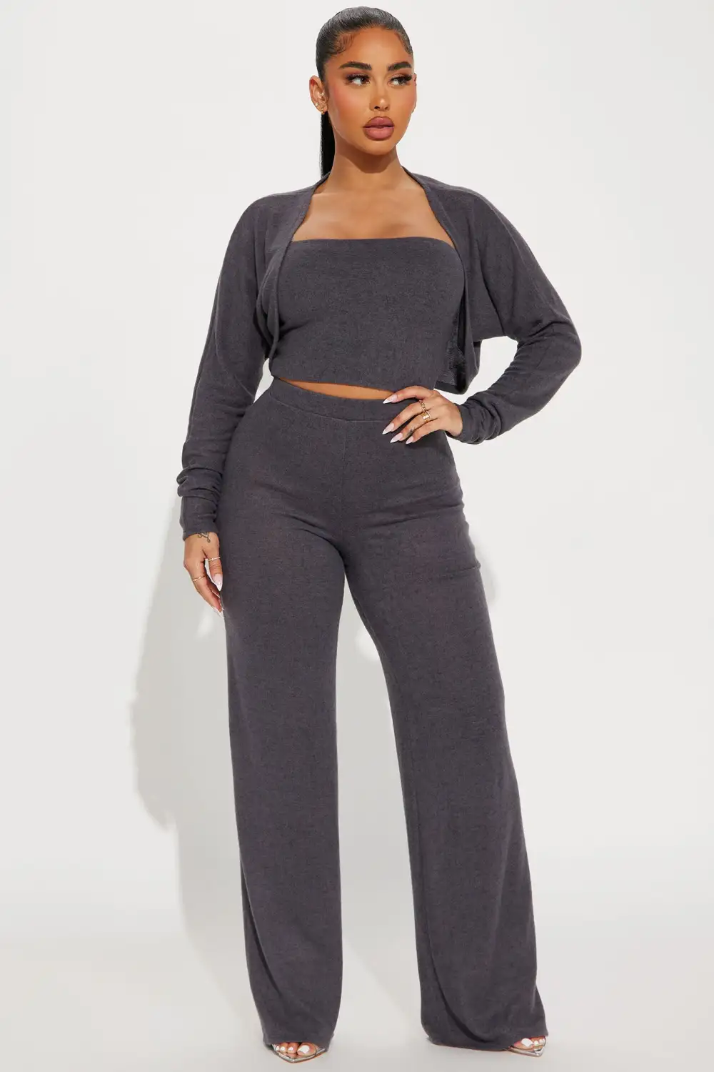 Gia 3 Piece Brushed Knit Pant Set - Charcoal