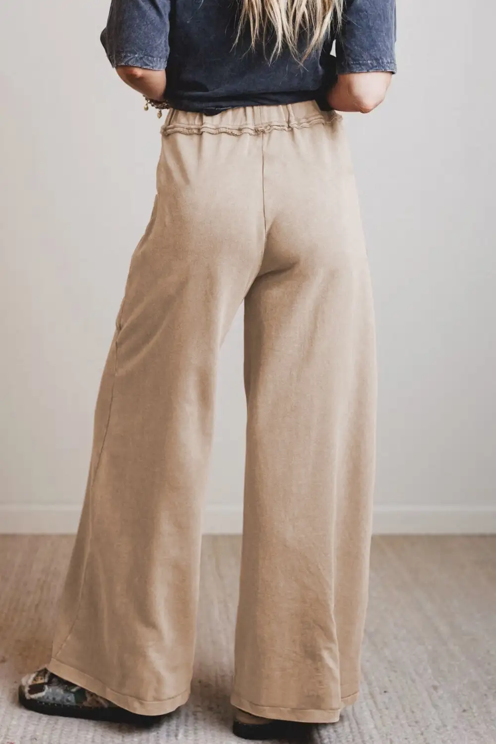Wash Drawstring Retro High Rise Wide Leg Western Pants
