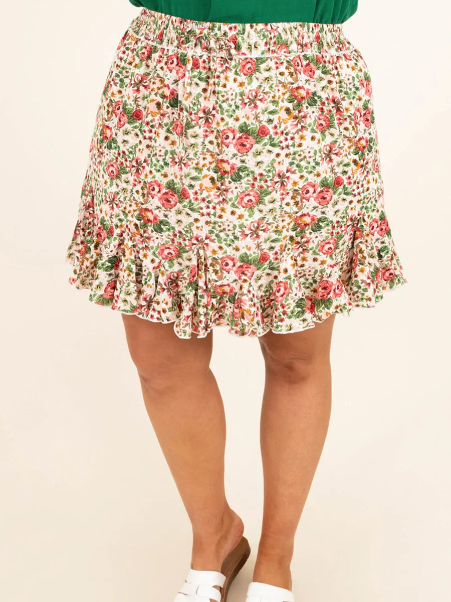 Floral Pattern Wooden Ear Edge Half Skirt