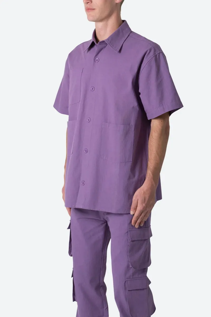PURPLE COLLARED CARGO SHORT SLEEVE SHIRT