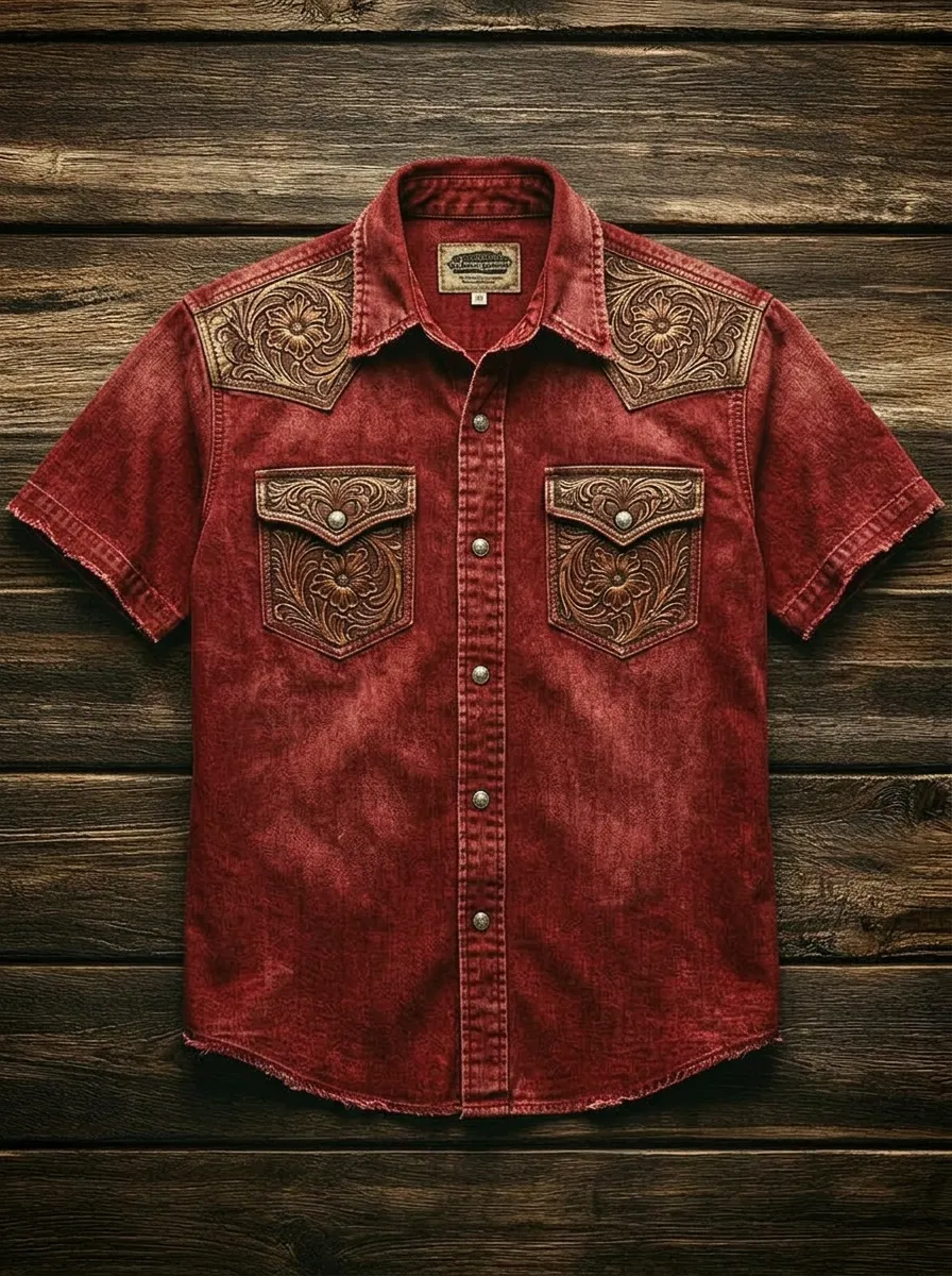 Men's Western Style Floral Tooled Leather Print Short Sleeve Shirt