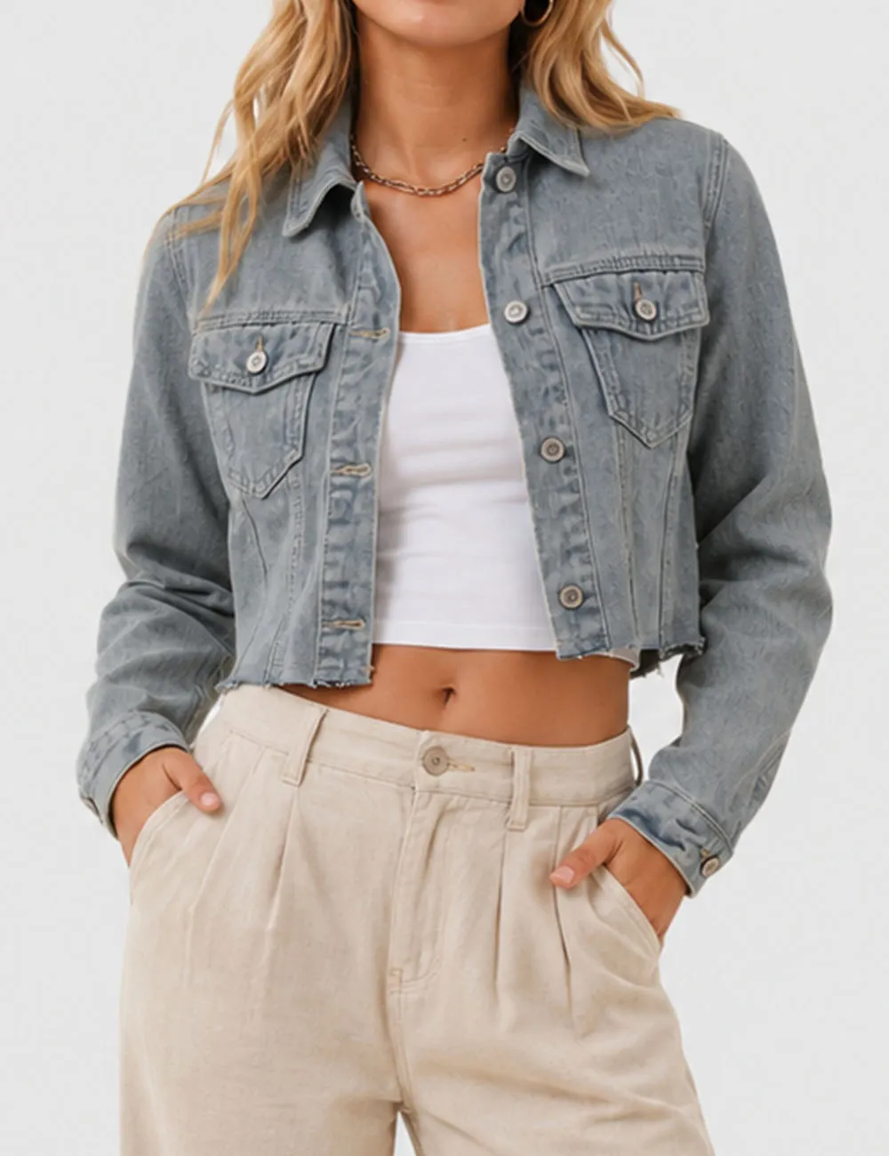 Destressed Button Down Croped Denim Jacket