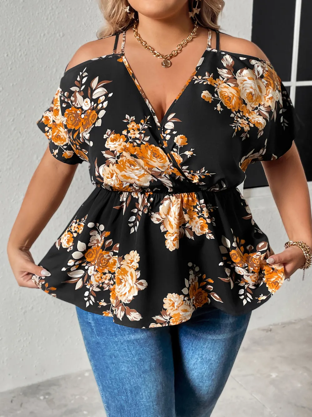 Large Size Tops V Neck Off Shoulder Waist Short Sleeves For Women