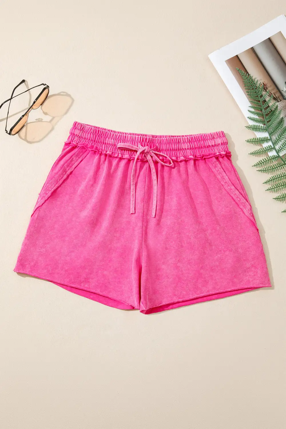 Relaxed Mineral Washed Drawstring Elastic Waist Raw Cut Shorts