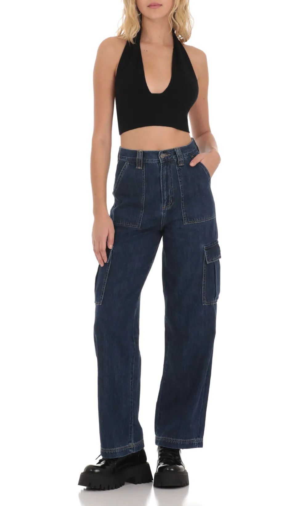 Wide Leg Cargo Jeans in Dark Denim