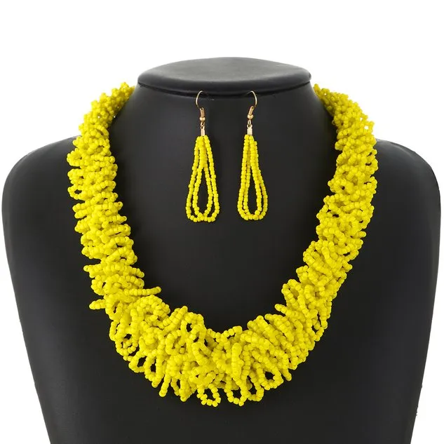 European and American Bohemian Ethnic Style Colorful Twine Necklace Earrings Set