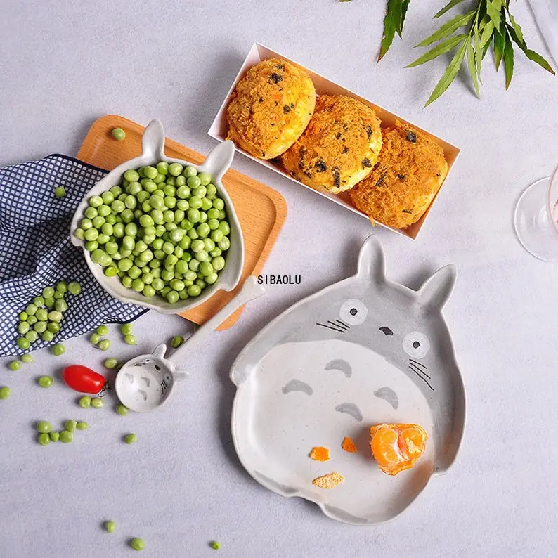 Ceramic Totoro Plate/ Steak Food Dish, Bowl, Spoon/ Cartoon Style Tableware Bowl, Dinner Dish/ High Quality Porcelain Dinnerware Set