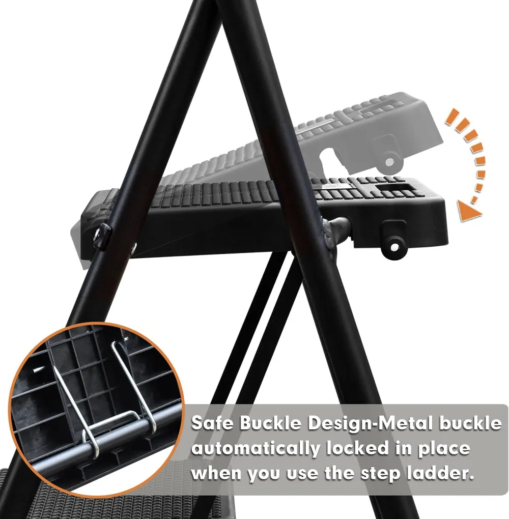 3 Step Ladder, Folding Step Stool with Wide Anti-Slip Pedal, 500lbs Sturdy Steel Ladder, Convenient Handgrip, Lightweight, Portable Steel Step Stool, Black