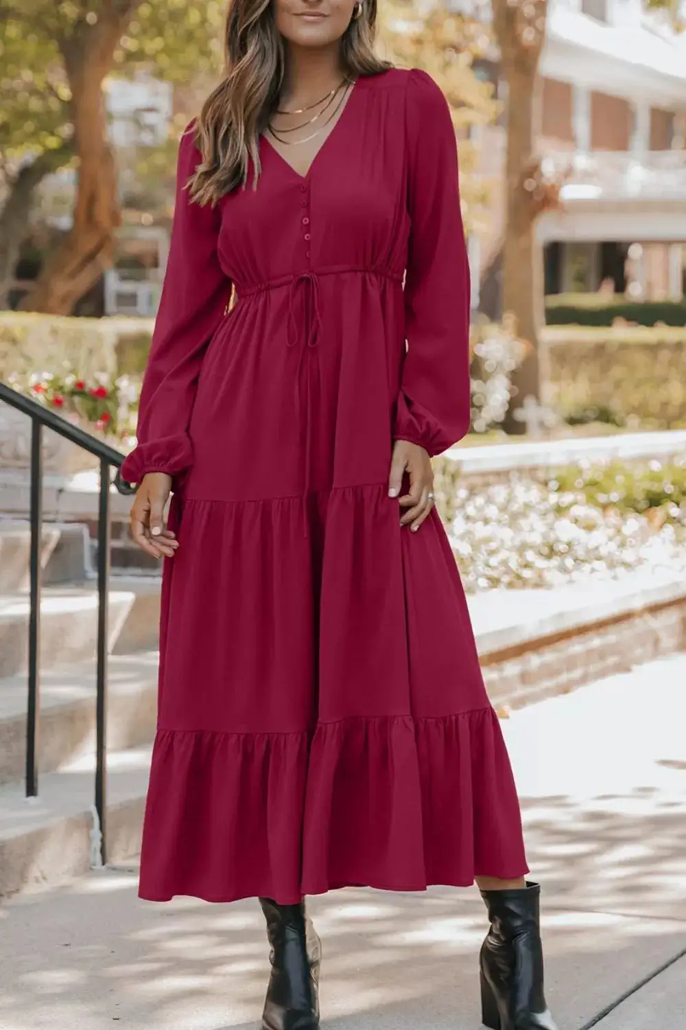 Animal Print Split Neck Puff Sleeve Maxi Dress
