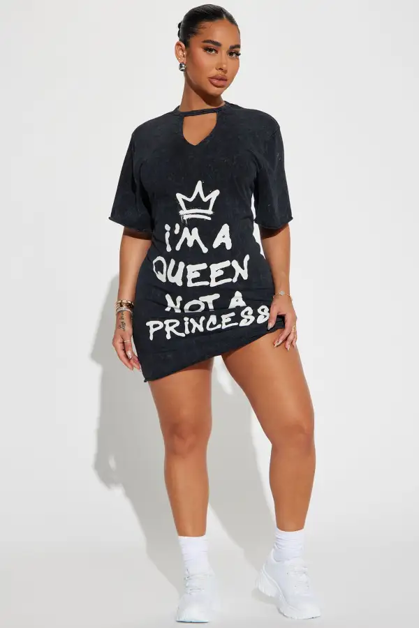 I'm A Queen Not A Princess Mini Dress - Black Wash