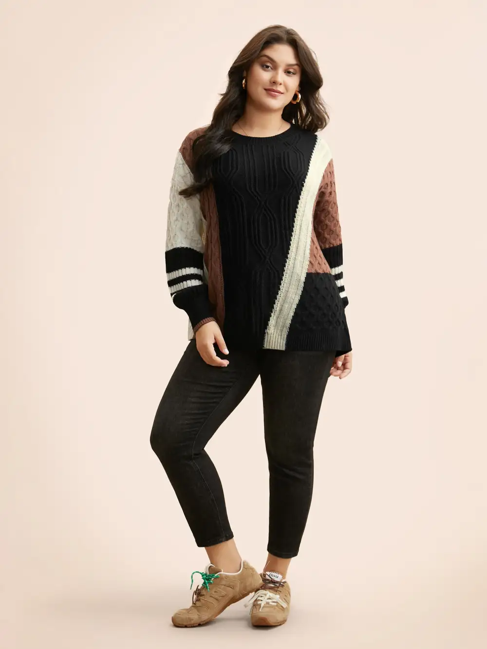 Contrast Patchwork Cable Knit Pullover