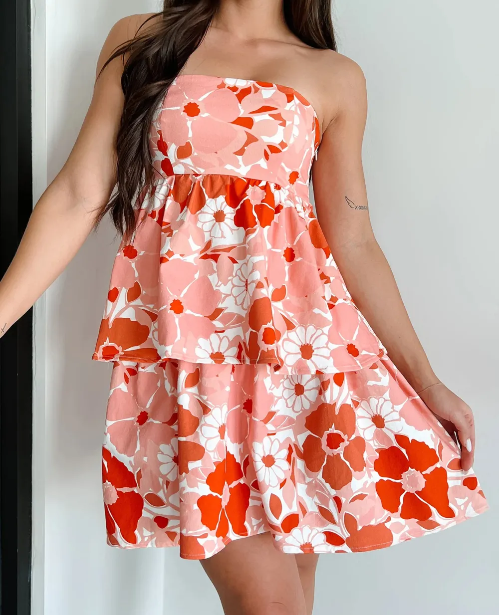 Tiered Floral Denim Dress