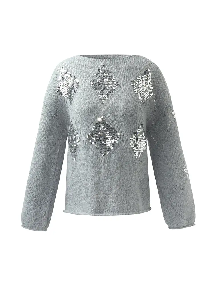 Mohair Argyle Sequins Pullover Women Sweater