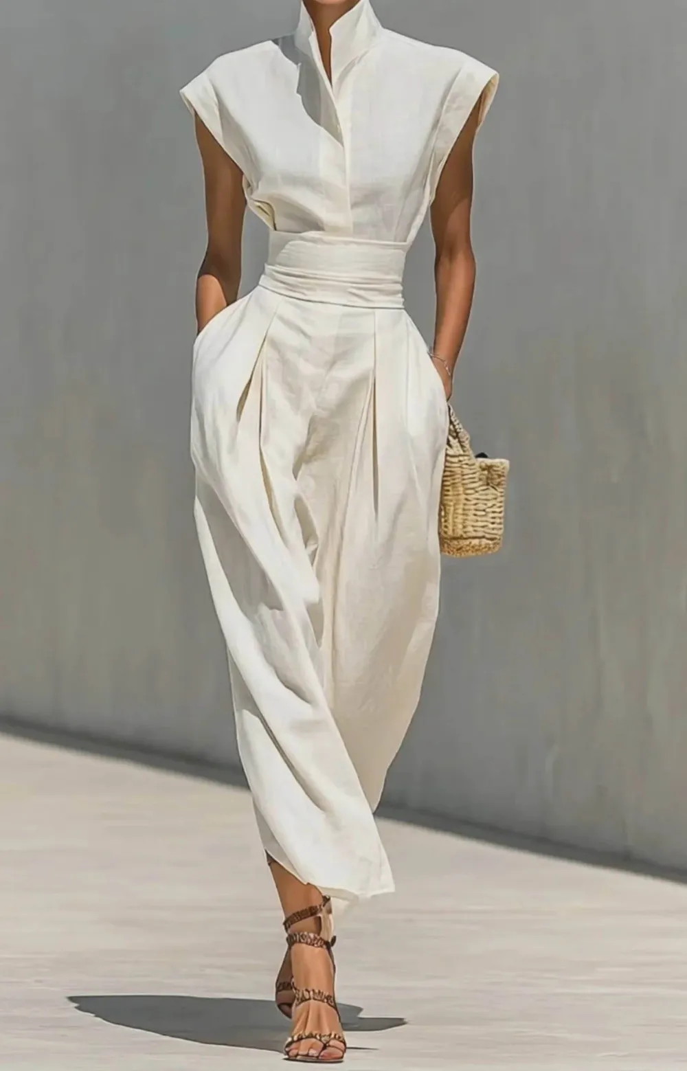 Stand Collar High Waisted Midi Dress