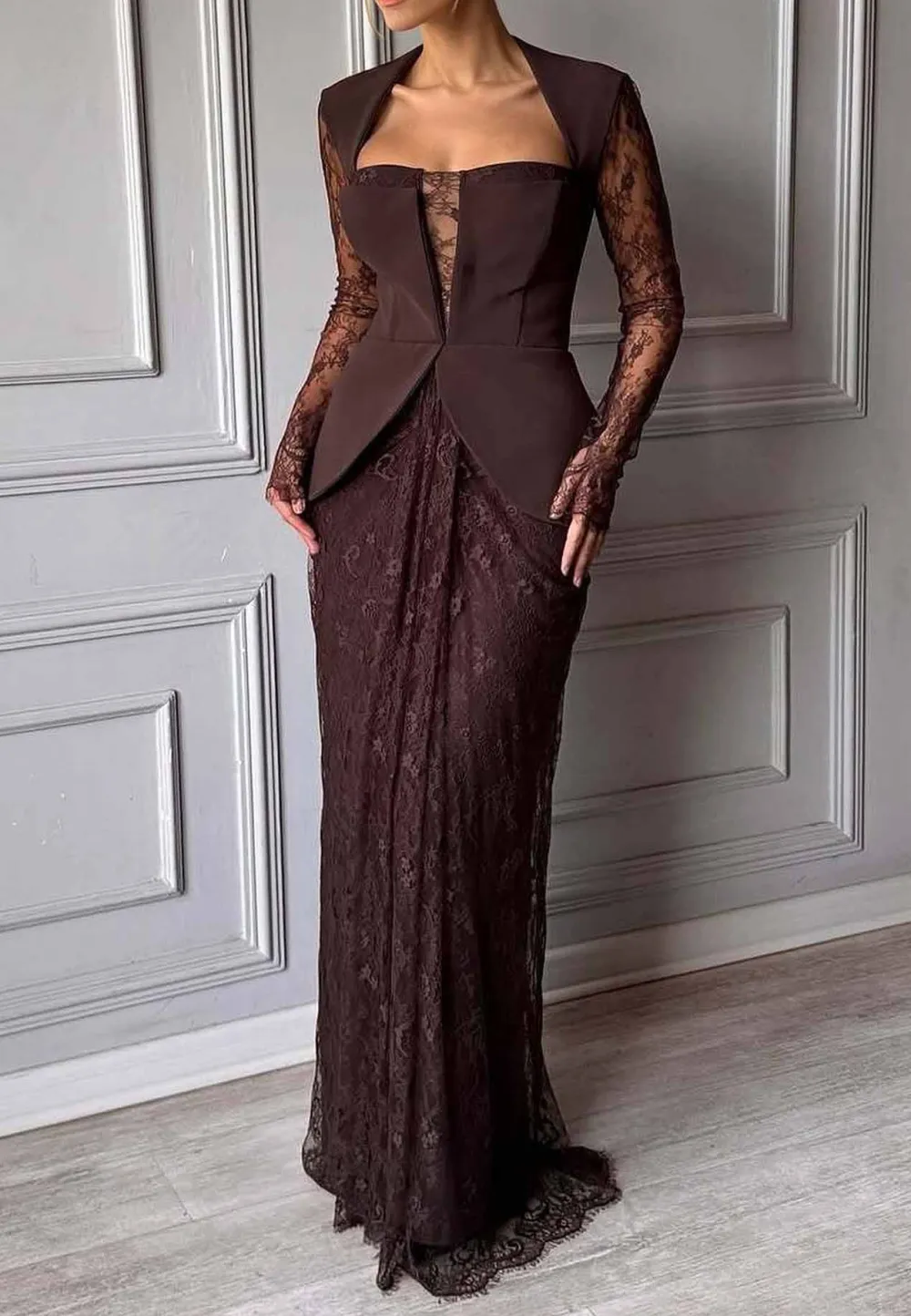 Lace Pleated Evening Maxi Gown