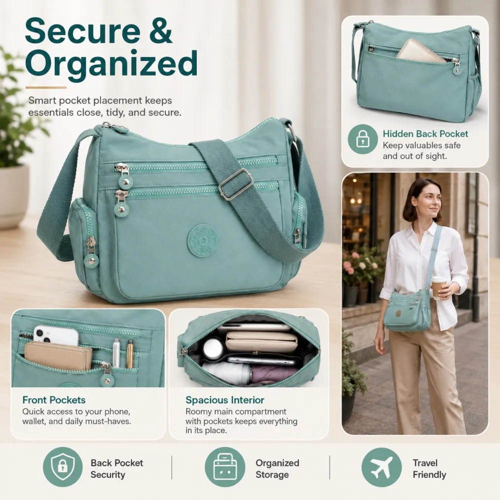 🎒 Multi-Pocket Campus Nylon Crossbody Bag