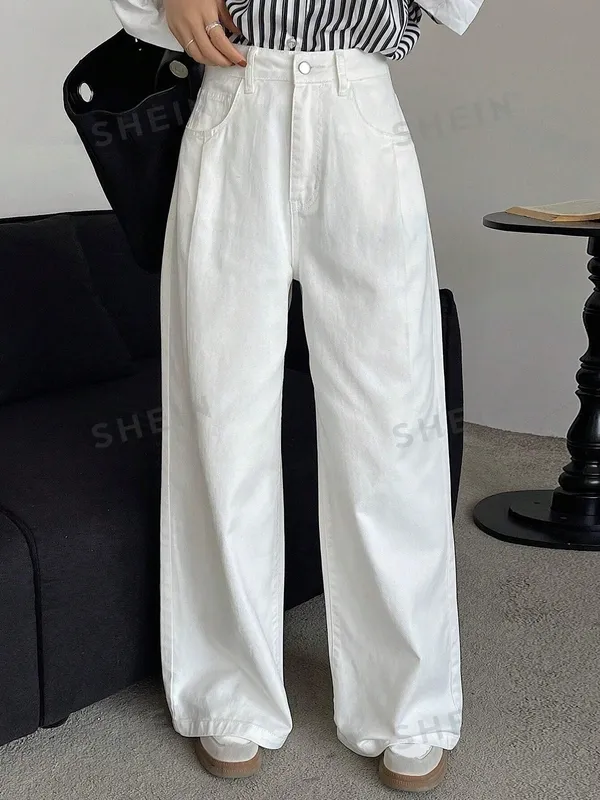 Women's Wide-Leg Pocket Button Zipper Jeans