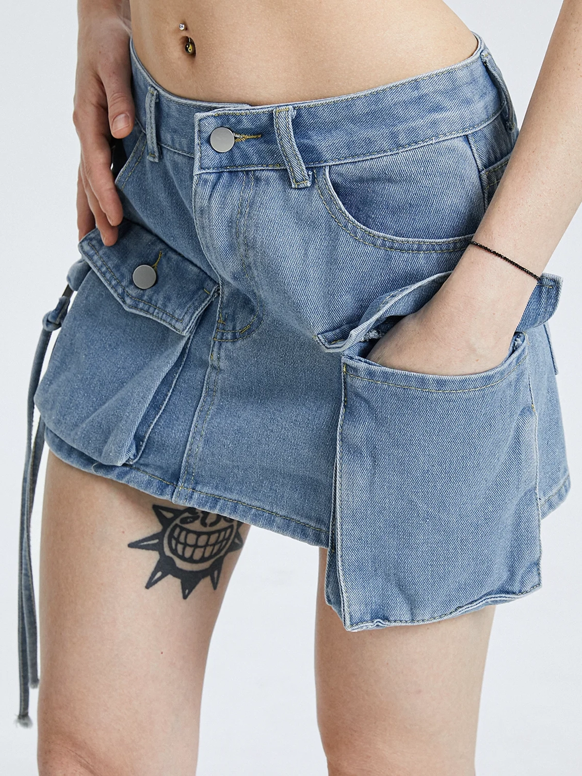 Street Multicolor Denim Pockets Bottom Skirt FREESHIPPING