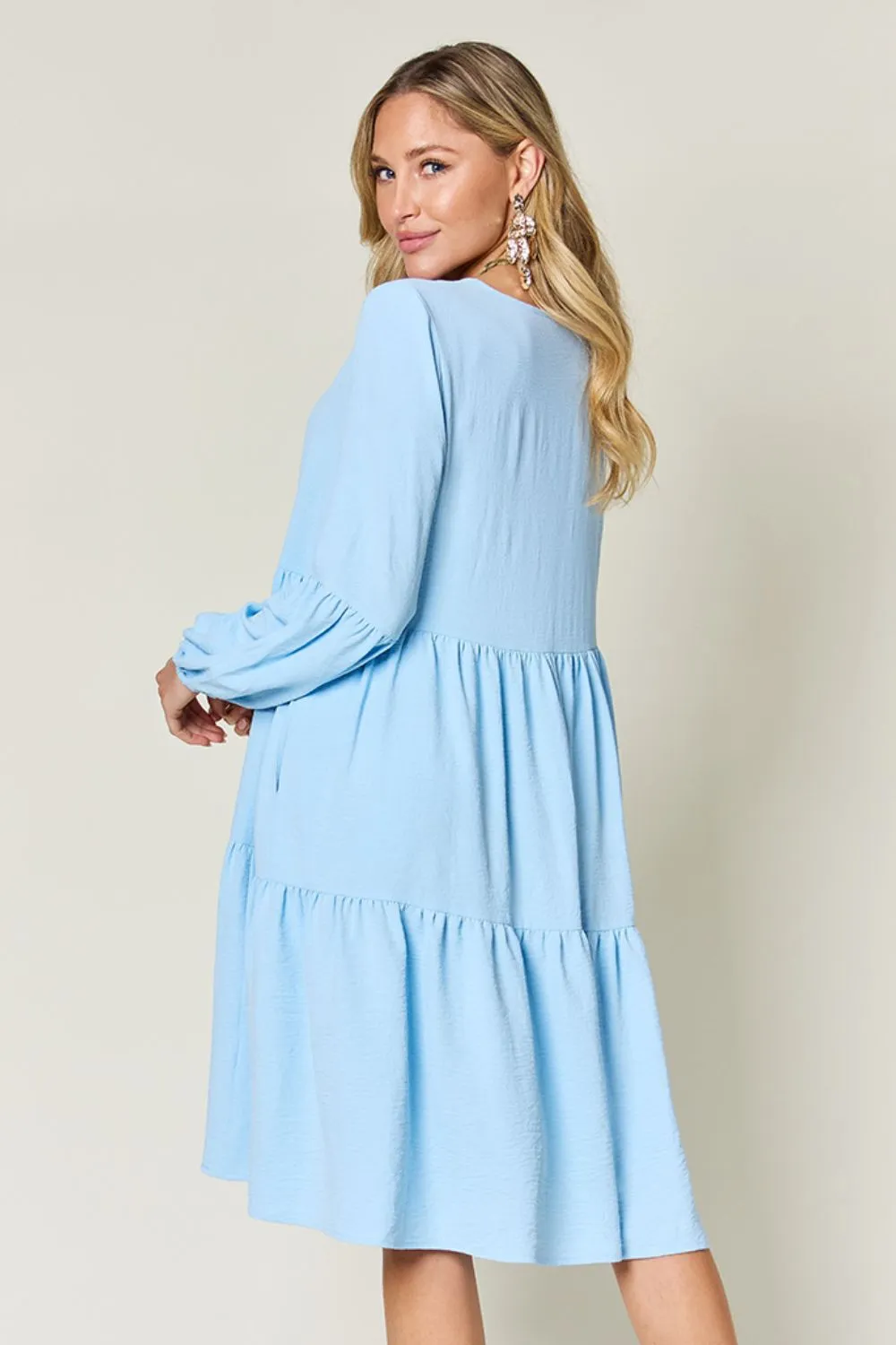 Double Take Full Size V-Neck Balloon Sleeve Tiered Dress with Pockets