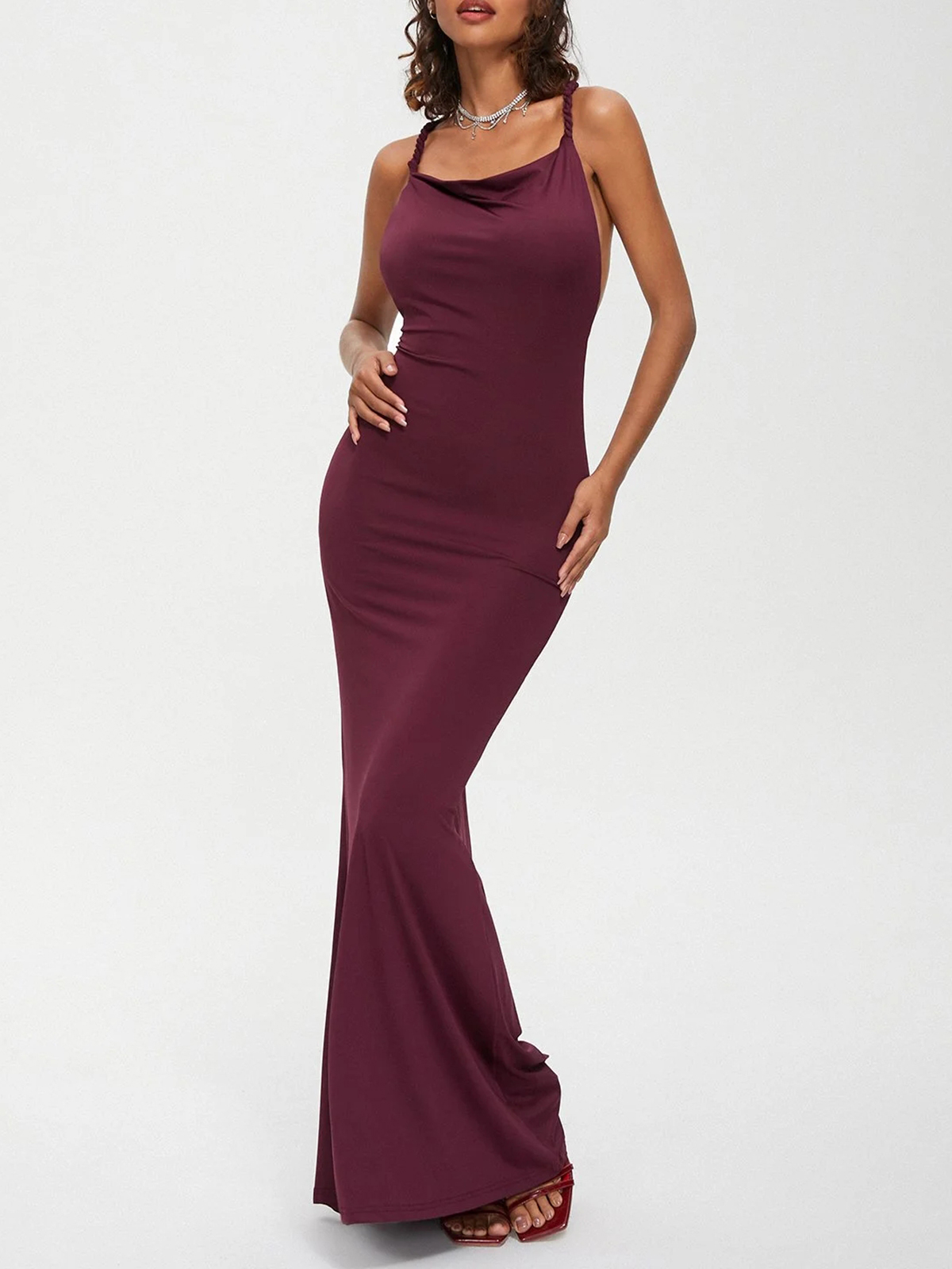 backless Spaghetti Plain Sleeveless Maxi Dress