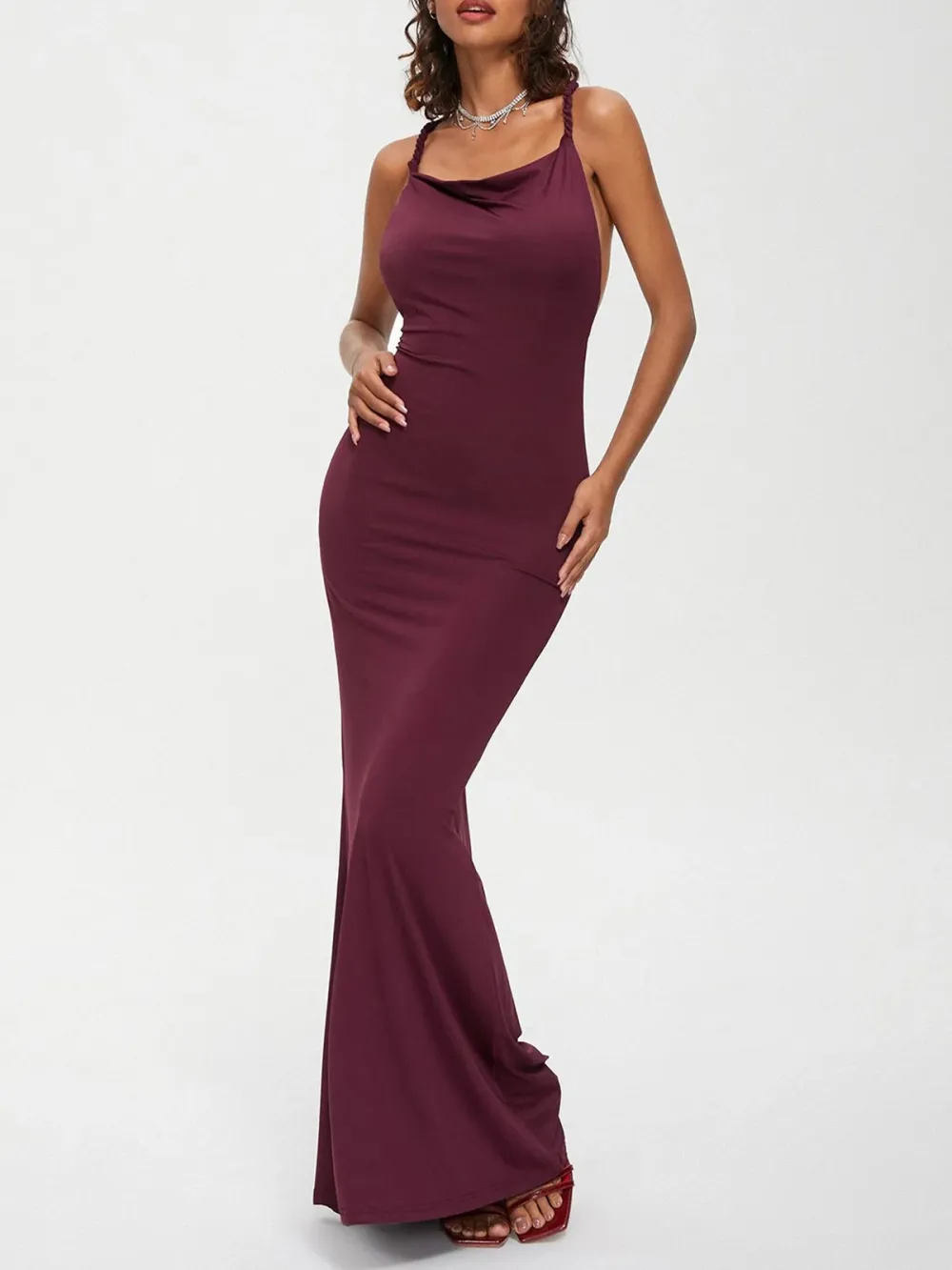 Backless Spaghetti Plain Sleeveless Maxi Dress