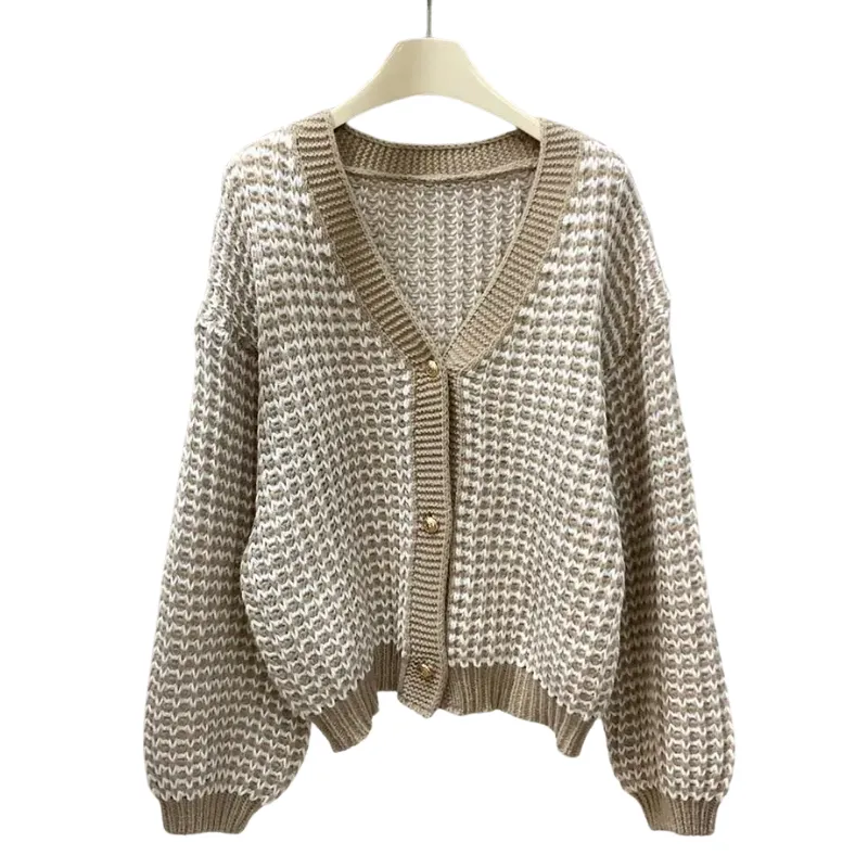 Button Front Contrast Knit Cardigan