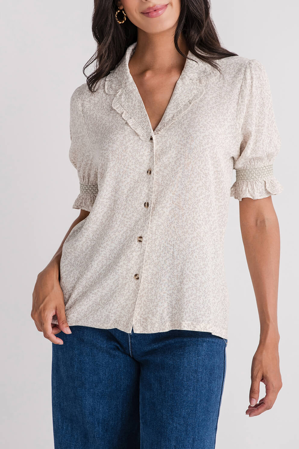 Hem & Thread Ditsy Print Smocked Sleeve Button Down Blouse - ivory/sage