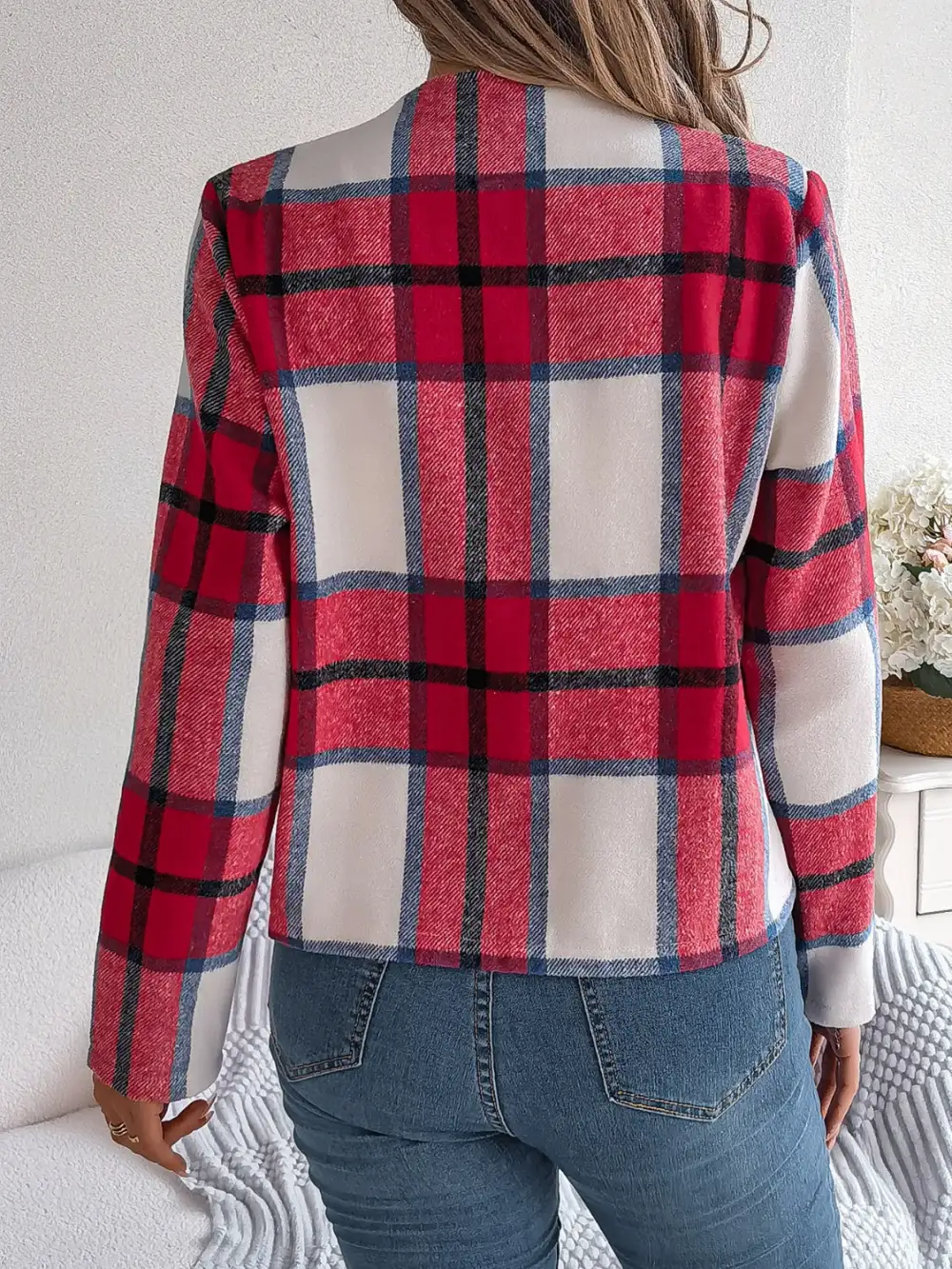 Plaid Open-front Long-sleeve Jacket