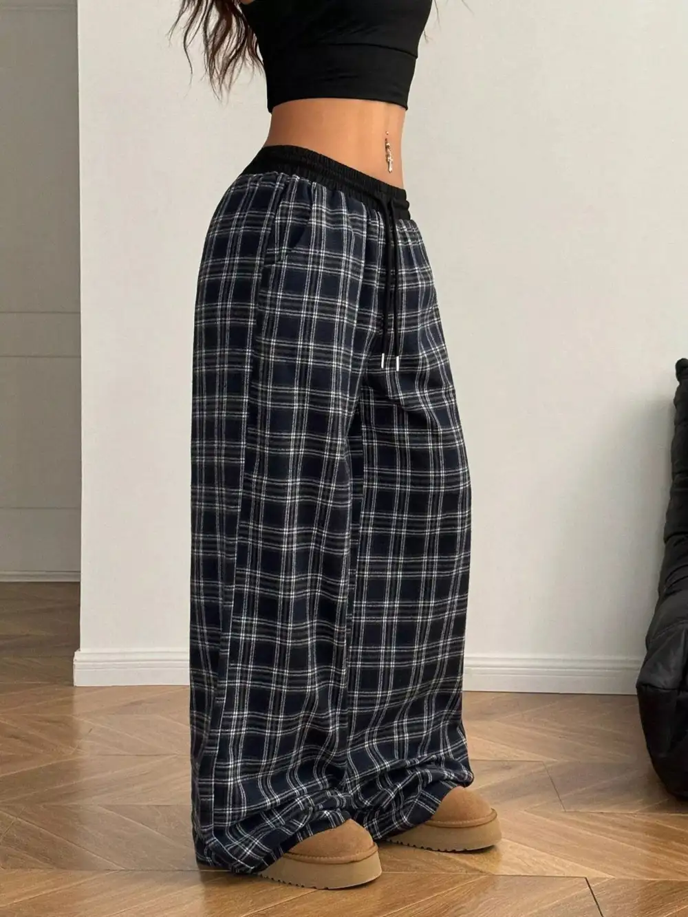 Plaid Wide Leg Pants With Elastic Waistband