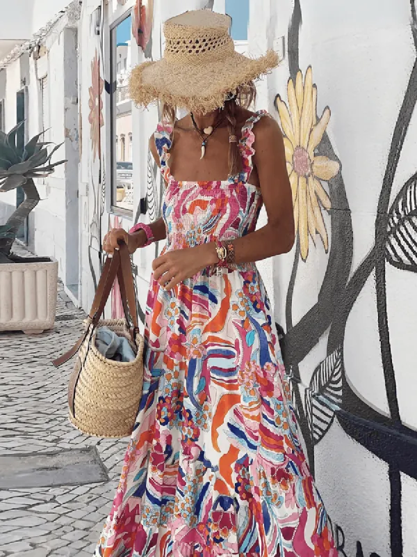 Elegant Printed Elastic Suspender Skirt Holiday Style French Floral Suspender Long Dress