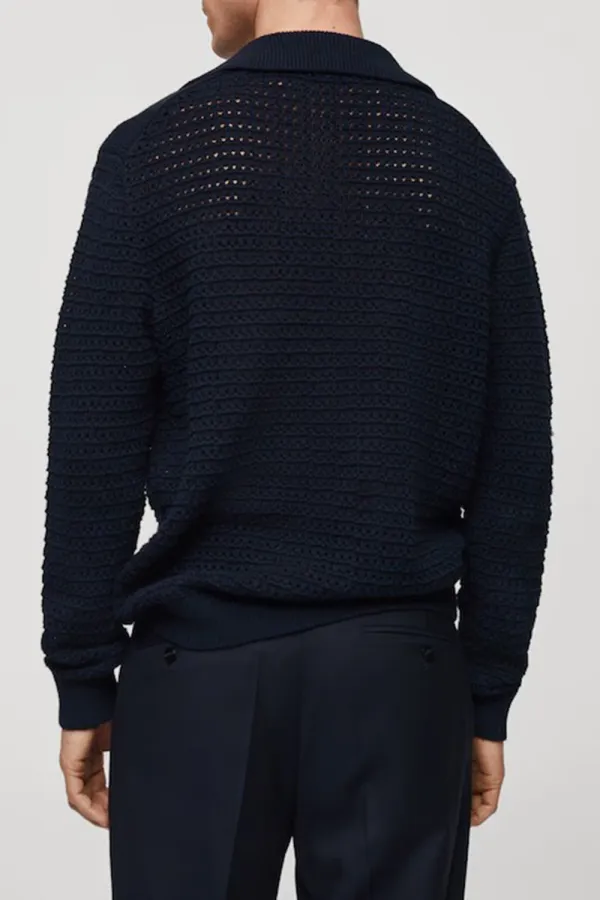 Openwork Knit Polo Neck Sweater