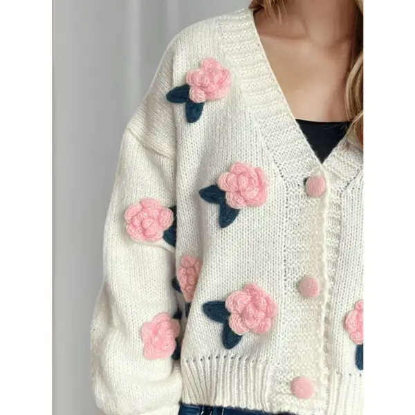 Flower Button Down V Neck Long Sleeve Cardigan