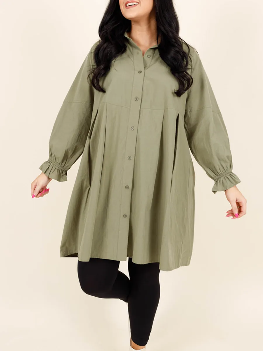 Green Pleated Button Loose Fitting Shirt