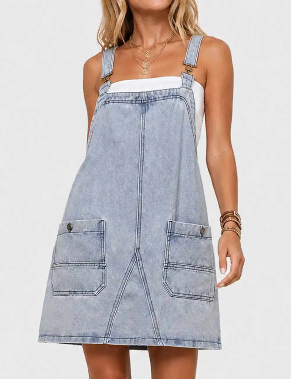 Adjustable Pocket Denim Mini Overall Dress