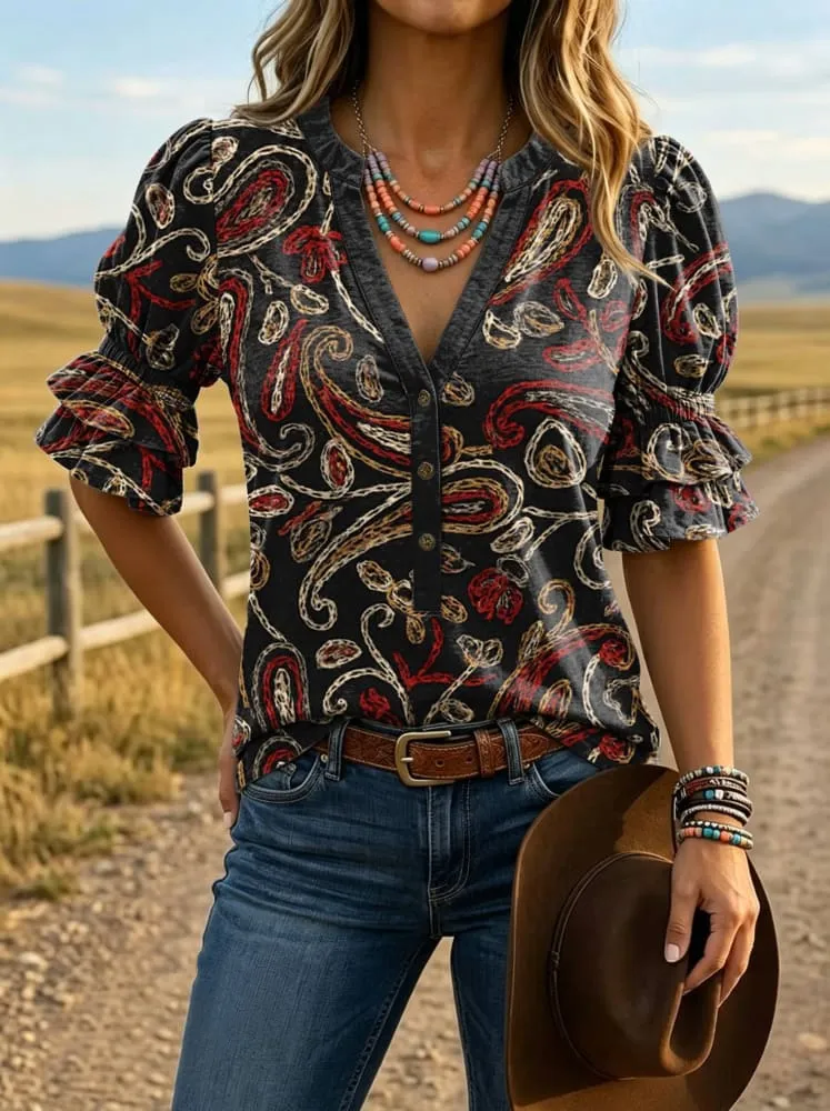 Women's Paisley Print Puff Sleeve Casual Shirt