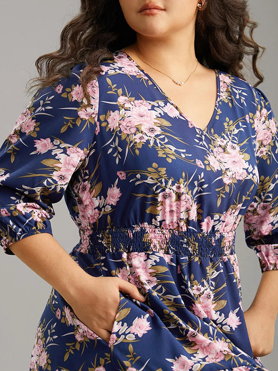 Elegant Senior Waist V-Neck Floral Dress