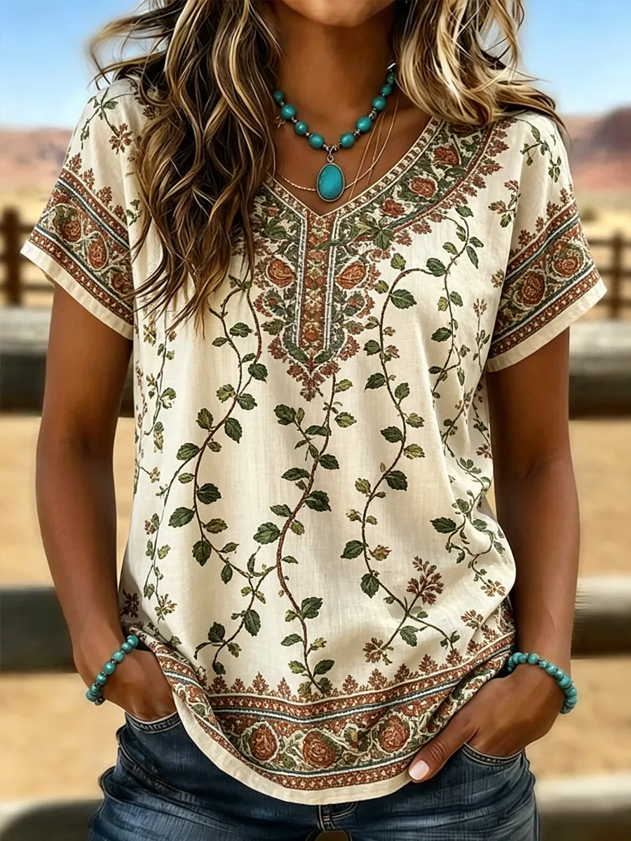 Women's Casual Retro V-Neck T-Shirt