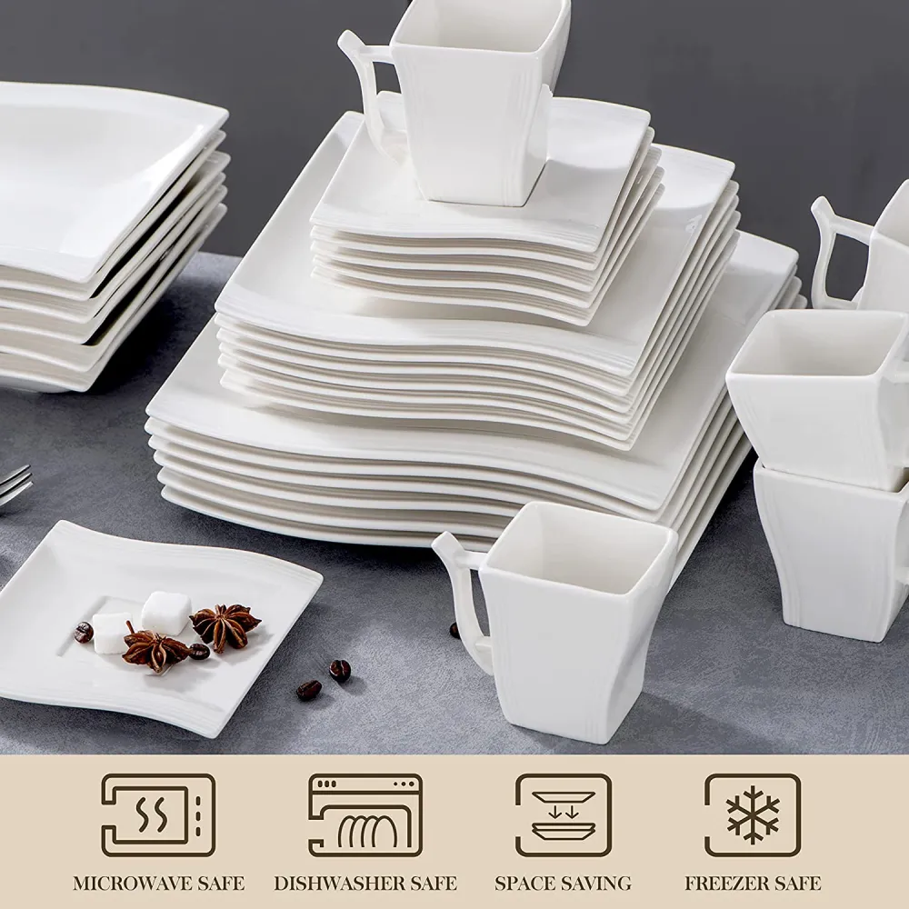 MALACASA Ivory White Dinnerware Sets, 60-Piece Square Dish Set for 12, Porcelain Dishes with Dinner Plates, Dessert Plates and Soup Plates, Cups and Saucers, Modern Dinnerware Oven Safe, Series Flora