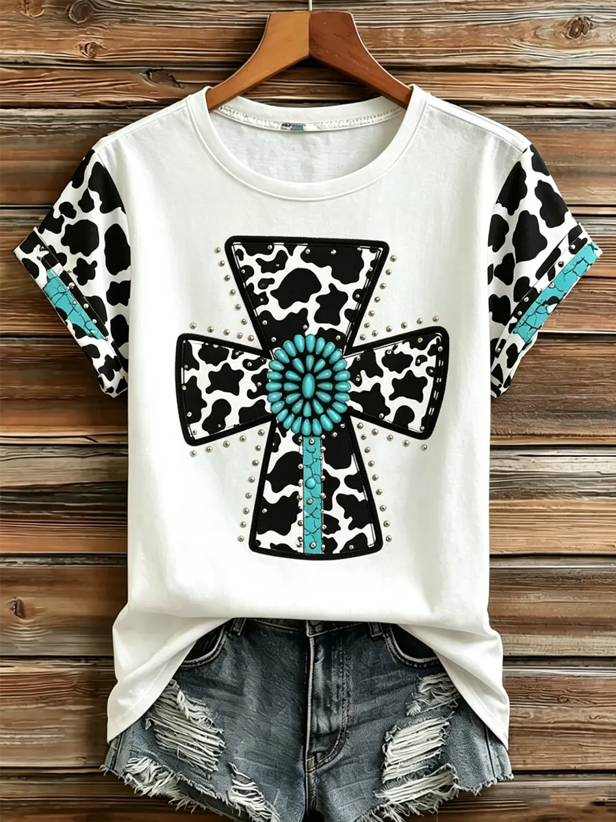 Women'S Casual Retro Western Faith Printed Short Sleeved Shirt