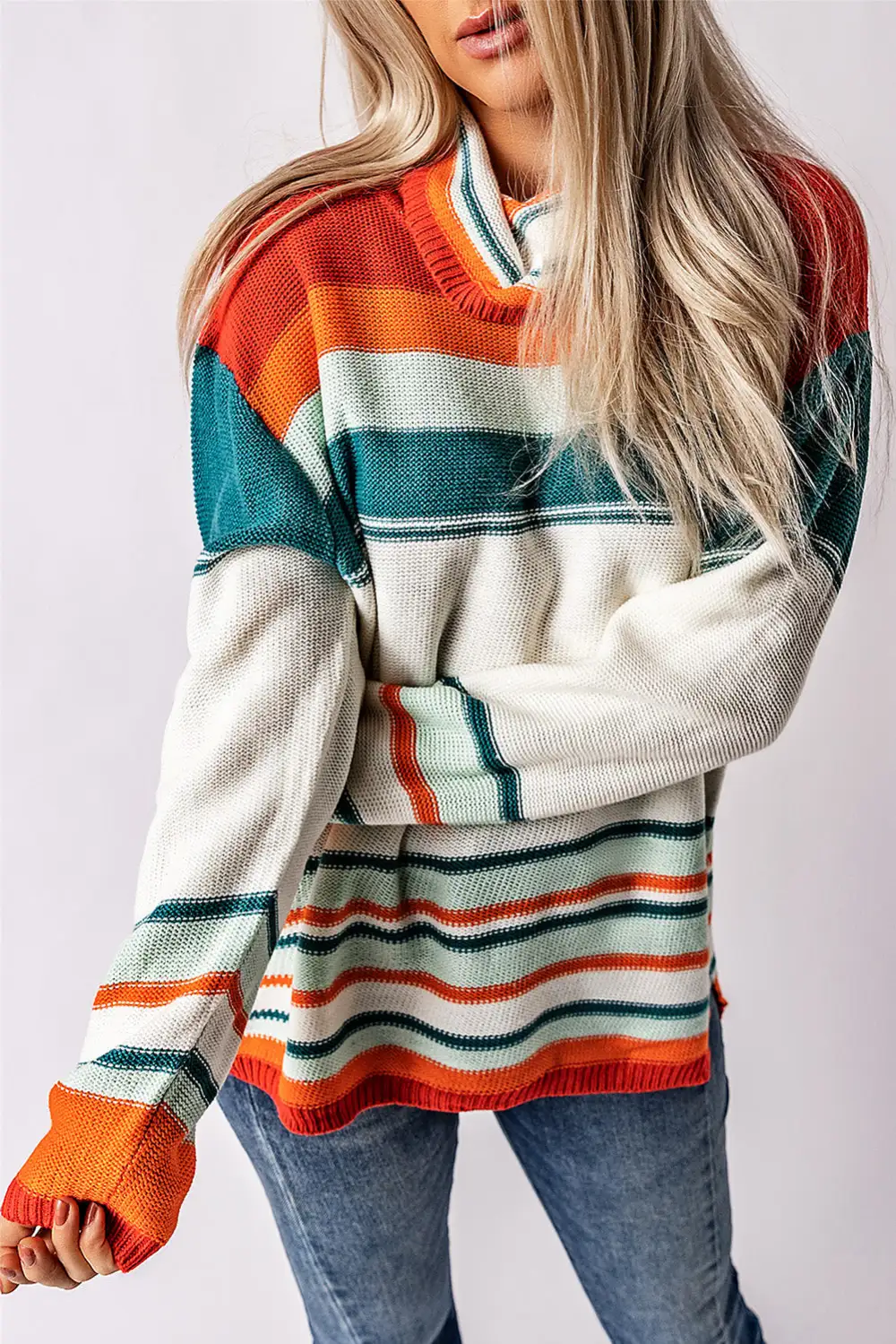 Contrast Striped Turtleneck Dropped Shoulder Sweater