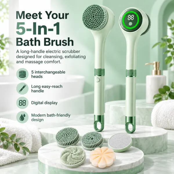 Rechargeable Electric Shower Back Scrubber - Long Handle IPX Waterproof PVC Rotating Bath Brush with 5 Replaceable Brush Heads, 3 Speed Modes, Exfoliating Massager for Adults with Sensitive Skin