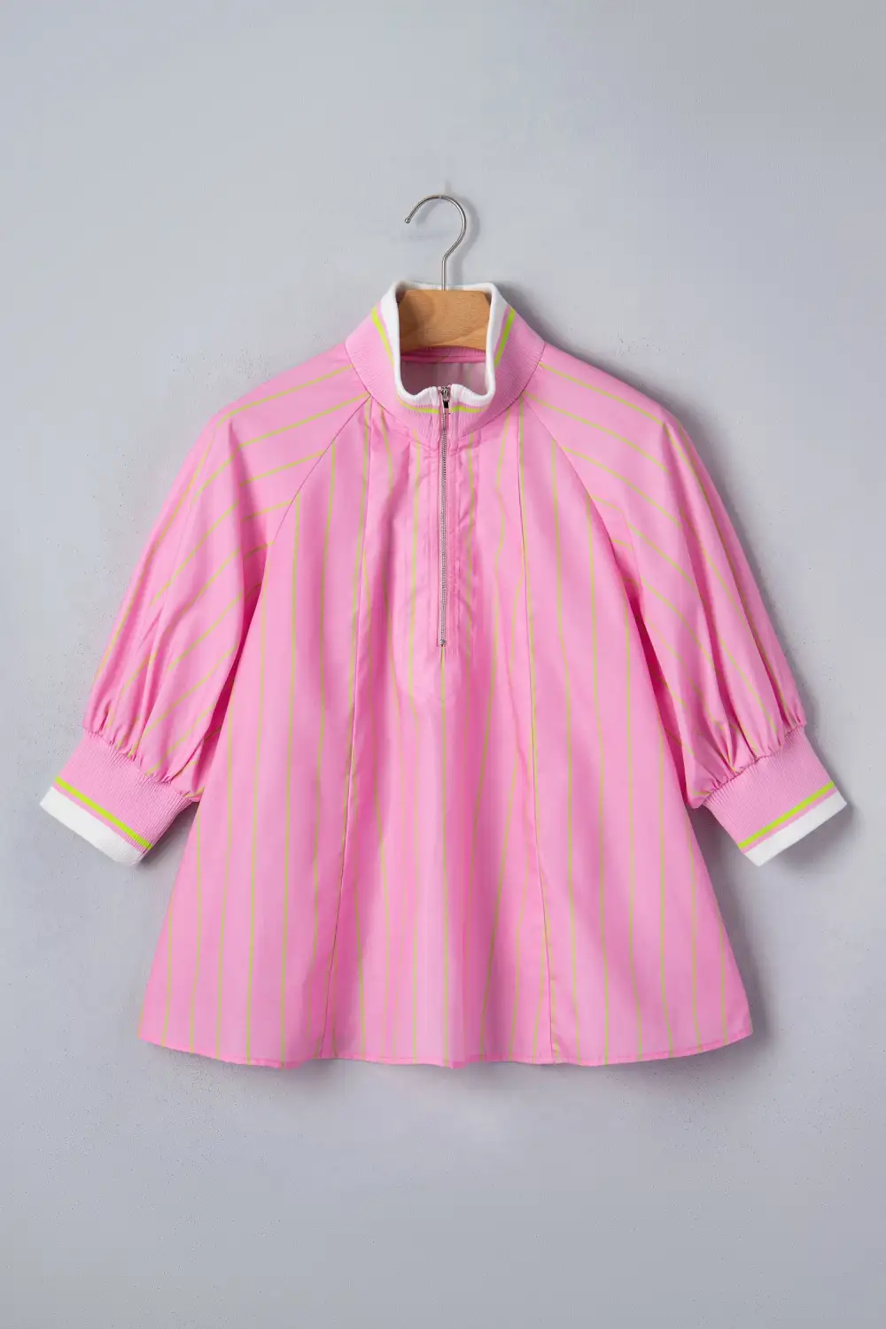 Pink Stripe Striped V-Neck Half Sleeve Zipper Ribbed Cuff Casual Shift Blouse