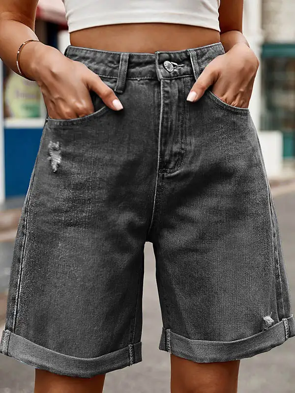 Hoog Getailleerde Losse Zakken Met Knopen Jeansbroeken Shorts