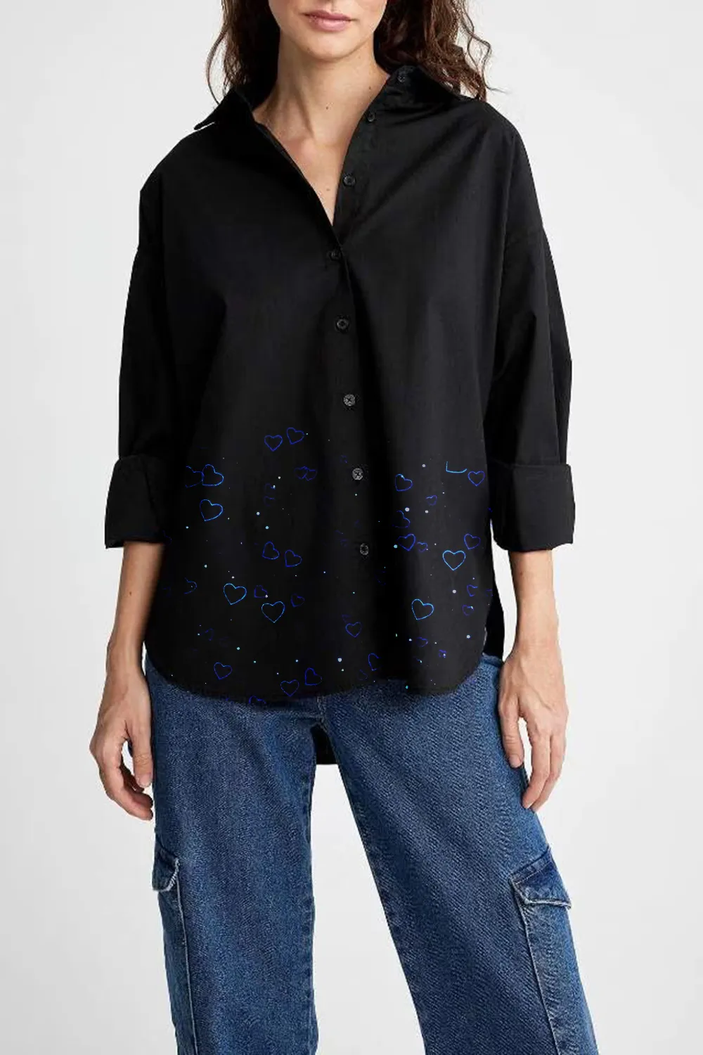Heart Print Roll Sleeve Button Down Shirt