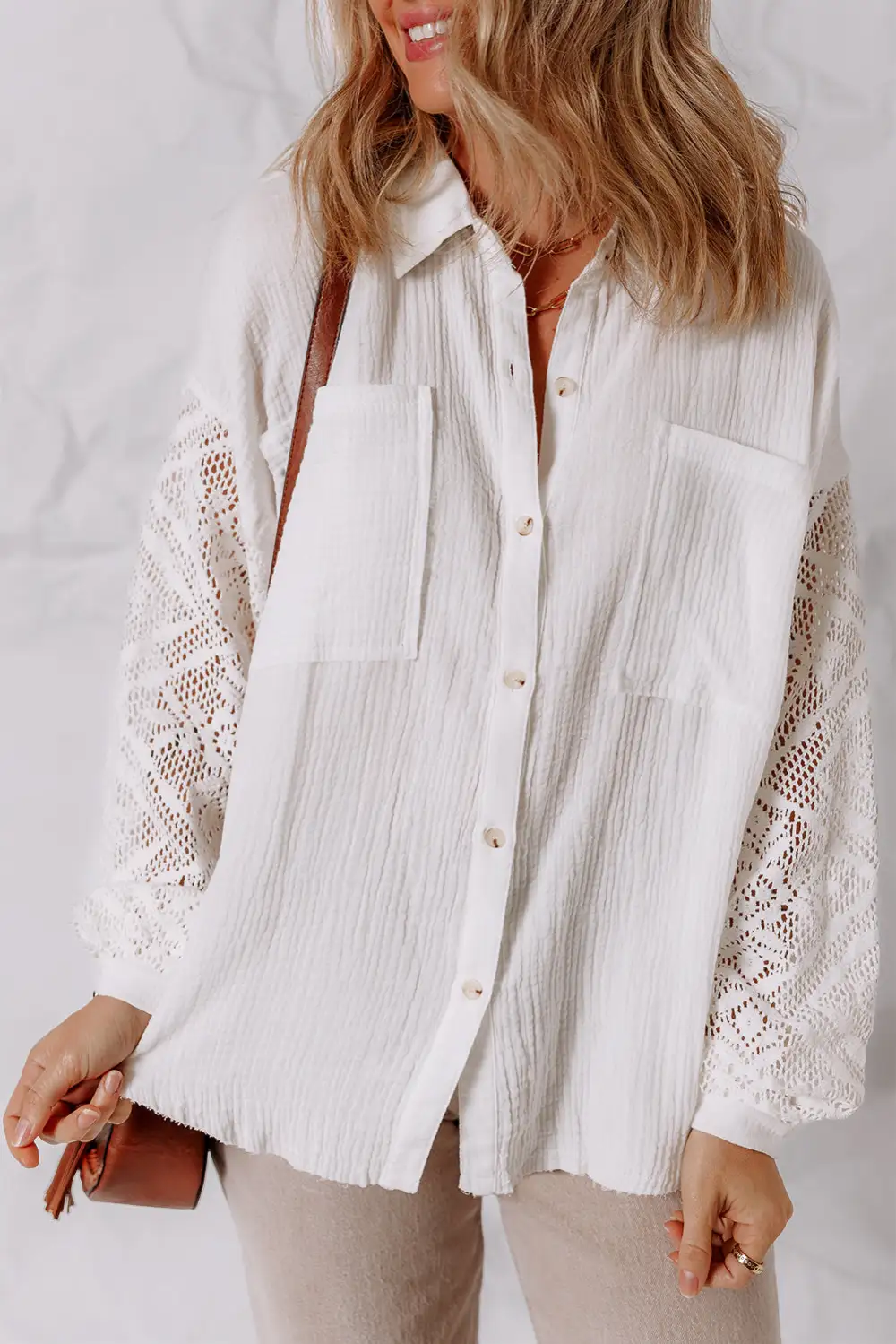 Lace Trim Patchwork Long Sleeve Shirt Blouse