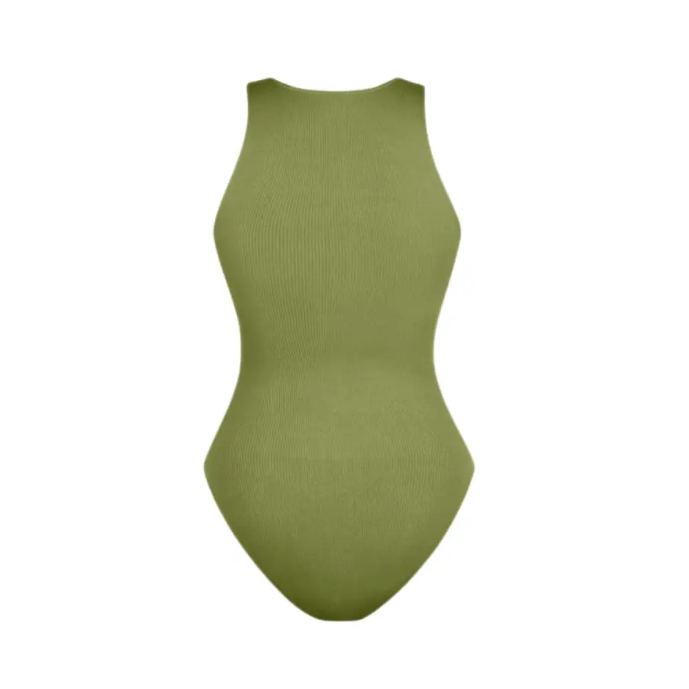 Ribbed Zip Front Sleeveless Bodysuit