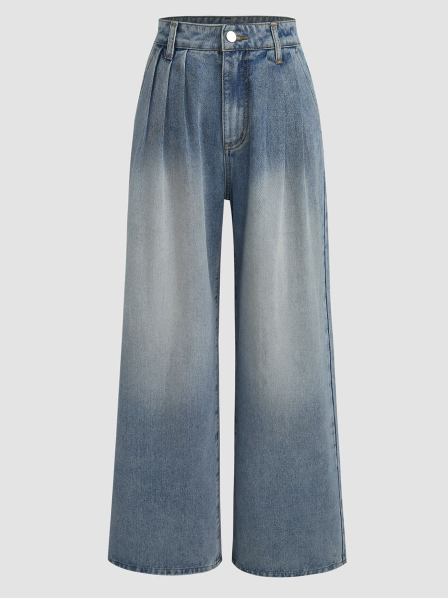 Denim Pleated Straight Leg Jeans