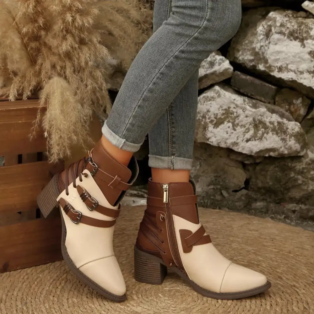 Pointed Toe Buckle Strap Ankle Boots with Block Heel