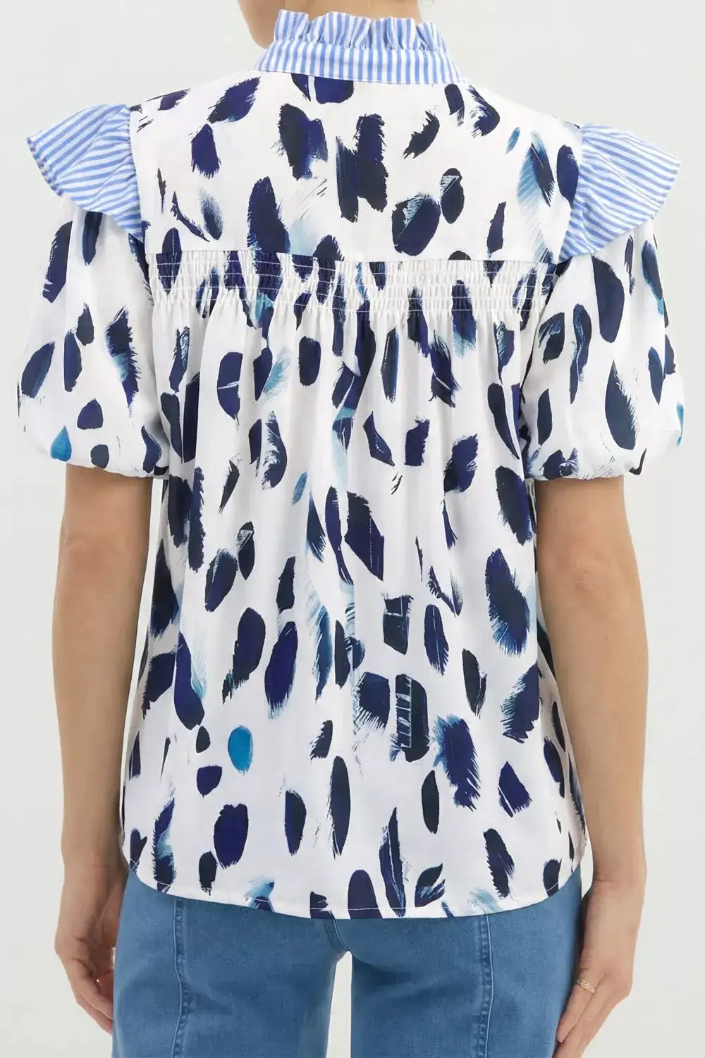 Abstract Animal Print Striped Ruffle Trim V Neck Blouse