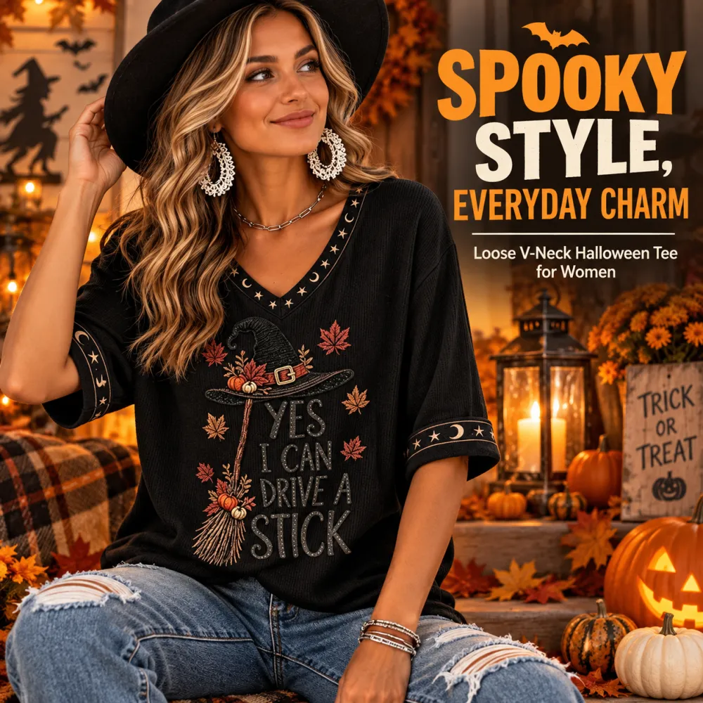 Halloween Witch Hat Print V-Neck Half-Sleeve T-Shirt